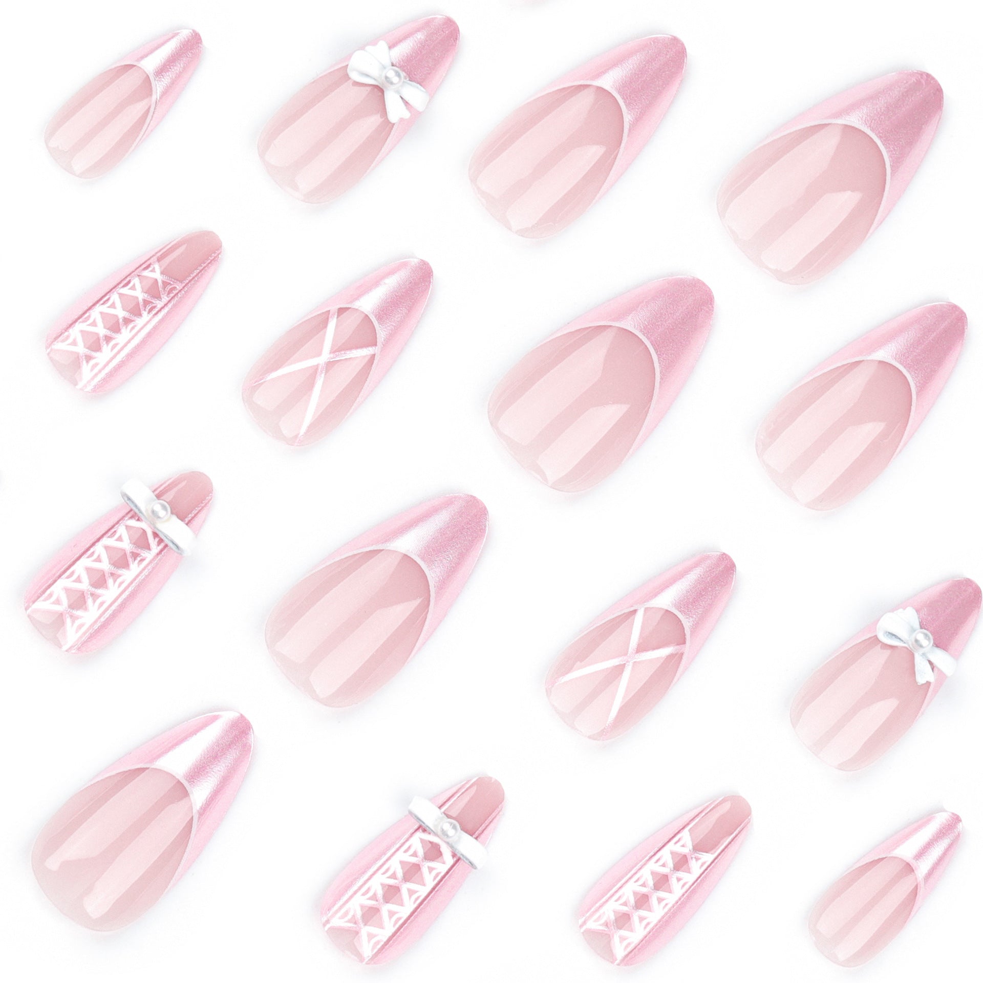 可穿戴 甜美女孩粉色法式 蝴蝶結珍珠錯落 杏仁形 批發｜365nails