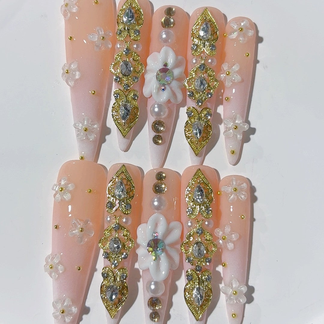 Blush Gold Floral Crystal Luxury Press On Nail Set