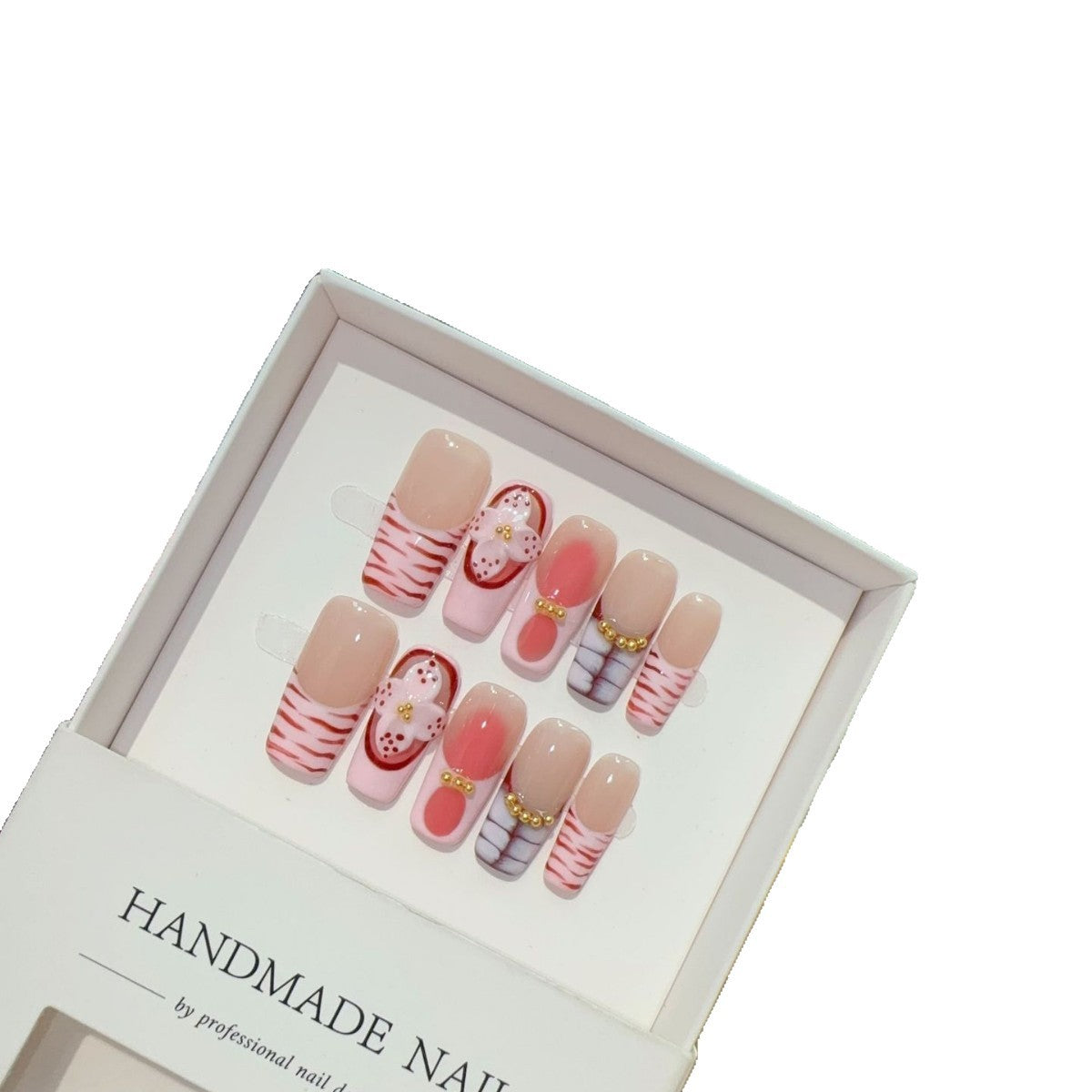 365nails: "Blush Doux" – Ongles press-on peints à la main, motifs floraux et rayures, faits main, mi-longs, forme carrée