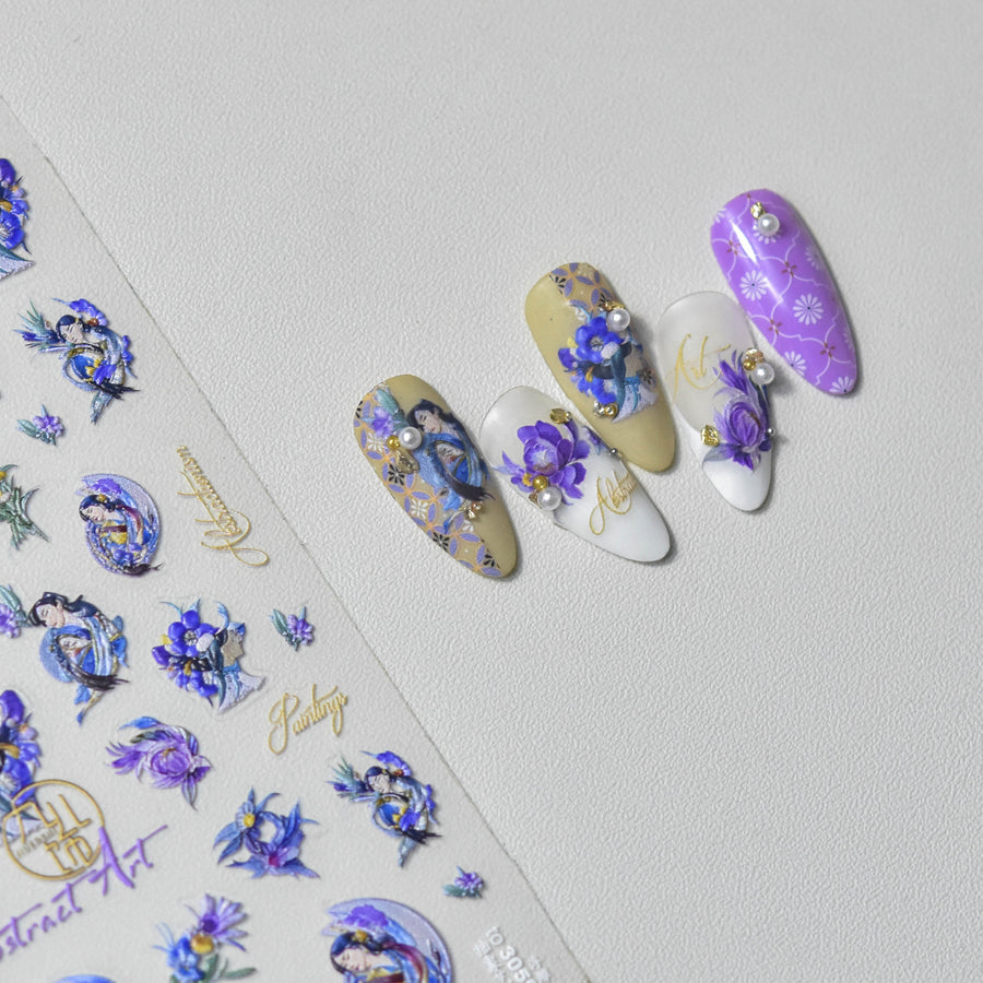 Iris Girl & Abstract Art: "Indigo Fantasy" – 5D Embossed Nail Sticker