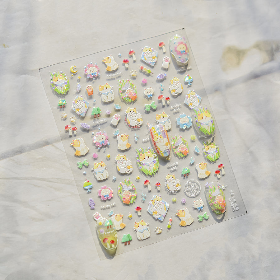 Cute Forest Cats: "Whimsical Forest Cat Party" – 5D Embossed Nail Sticker
