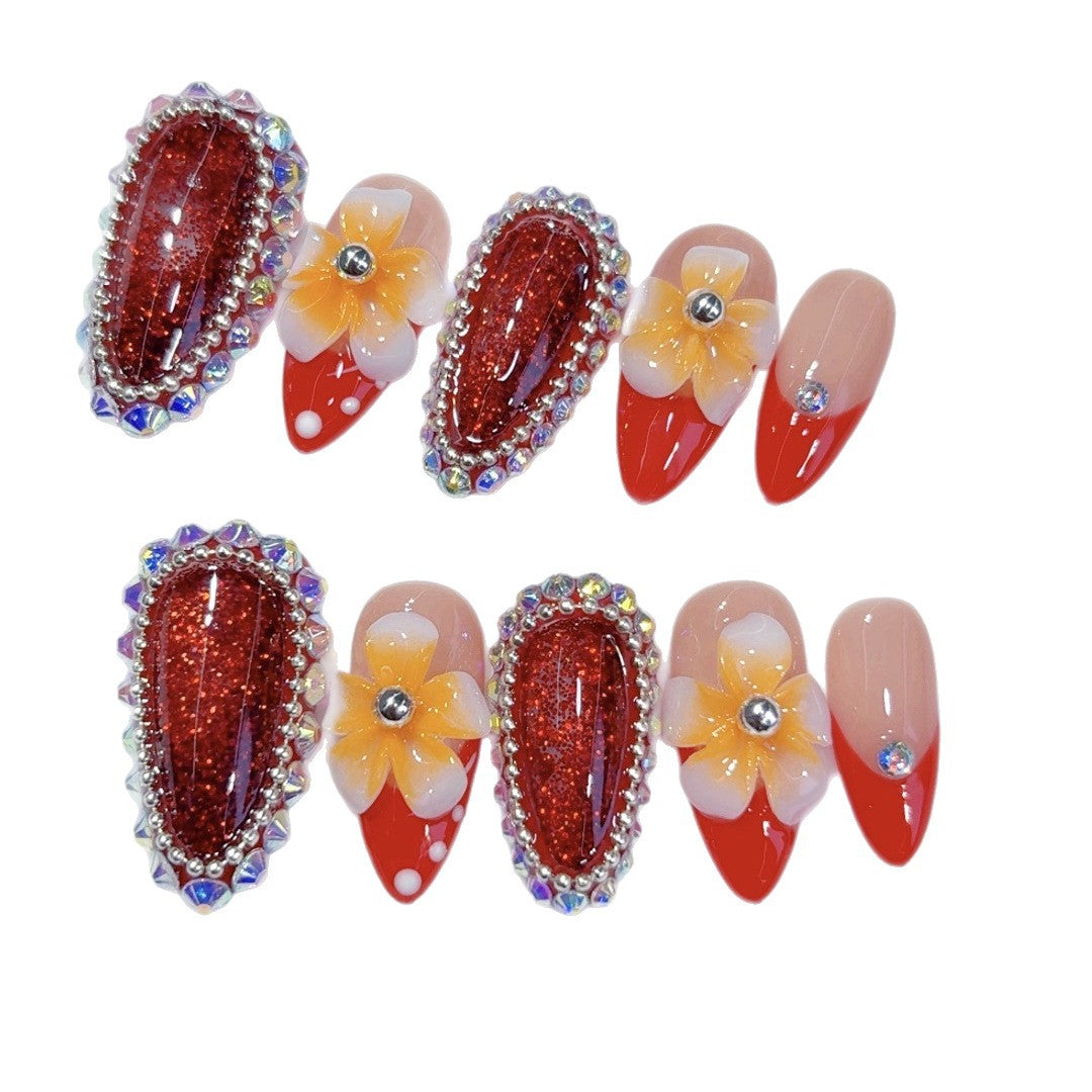 Tropical Bloom: "Plumeria Ruby" – Almond Shape Handmade Press-On Nails