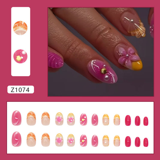 Three-dimensional shell pearl French flower sweet short almond nail   removable manicure 24 pieces｜365nails