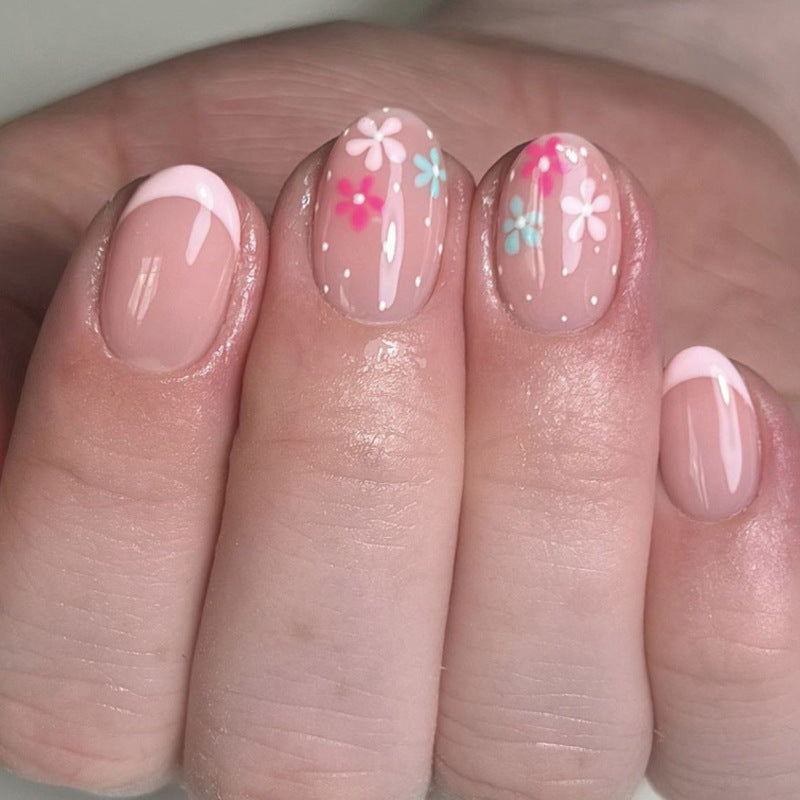심플 프렌치 로즈핑크 프레스온 네일 컬러 플라워 숏 라운드 네일 아트 필름｜365nails