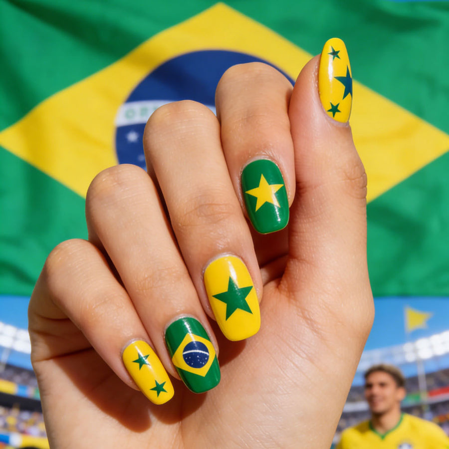 World Cup Brazil Flag Inspired Fan Press-On Nails (Glossy/24pcs/Almond)