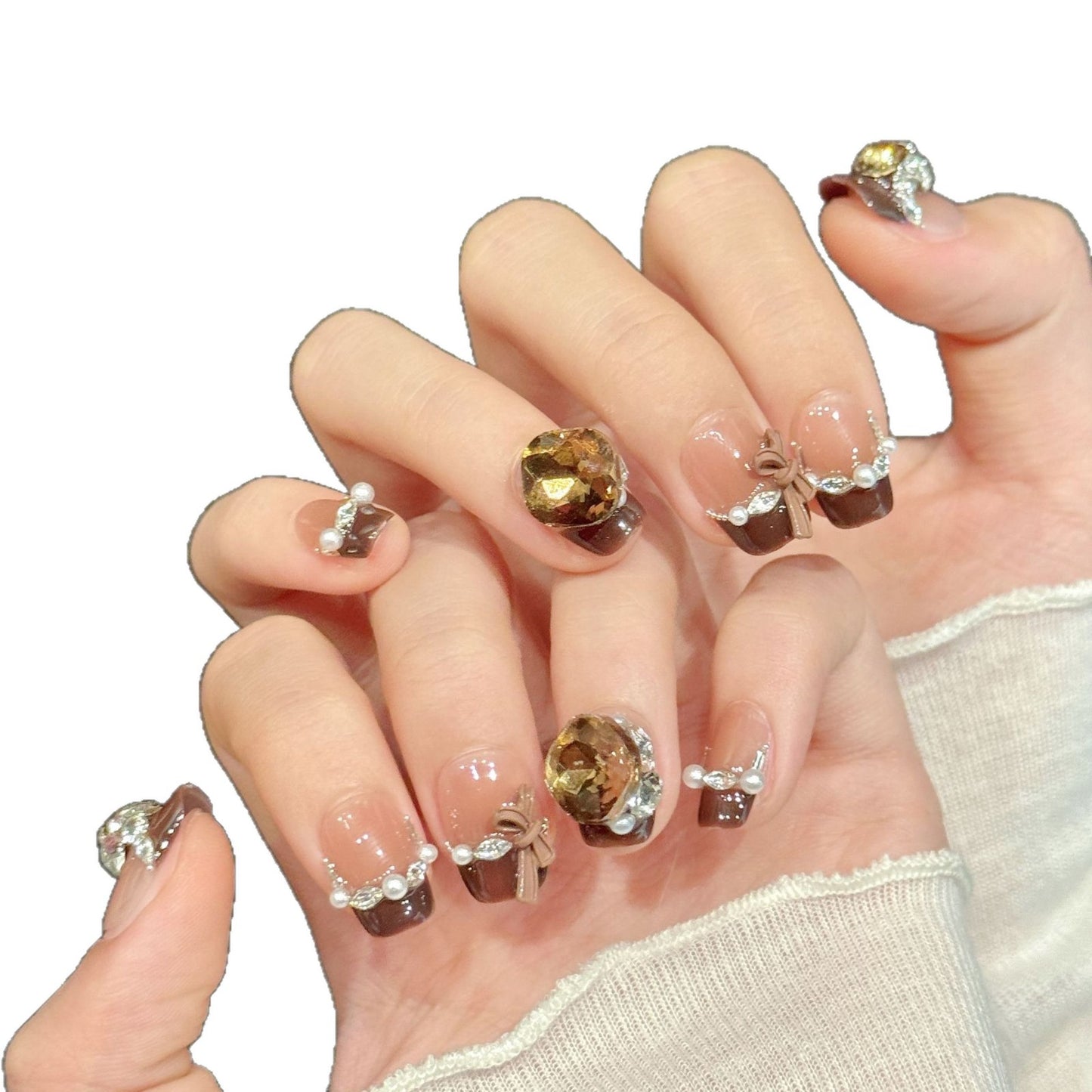 Brown Gem Pearl Bow Luxury Short Nail Design