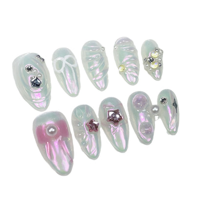 Sweet and cute Handmade press on nails hand-painted bow irregular shape nail patch  almond nail wholesale｜365nails