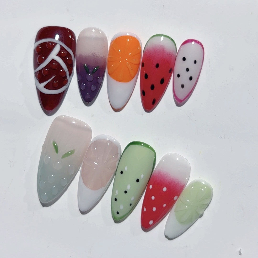 365nails 果香嘉年華：「熱帶水果拼盤」— 杏仁形手工製3D雕刻穿戴甲