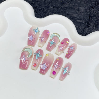Adesivo de unha feito à mão, transparente, mocha, estrela, médio e longo, blush roxo, adesivo de unha usável ｜ 365nails