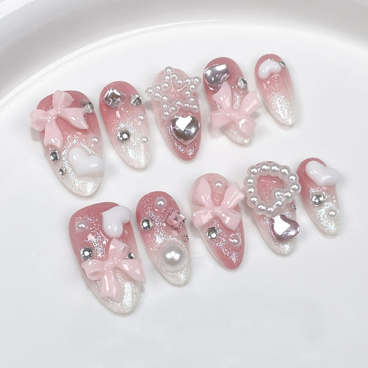 Handmade press-on nails sweetheart girl style cute gentle  Japan and South Korea almond nail pink wearable nail sticker｜365nails