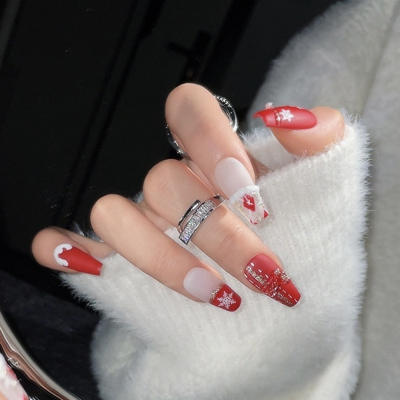Red and White Christmas Press‑On Nails – Snowflake & Gift Ribbon Design