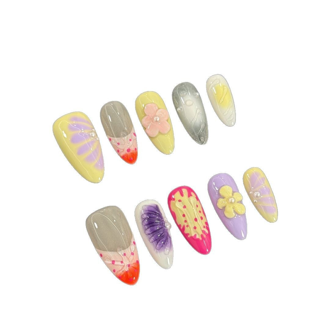 365nails: "Sun-Kissed Bloom" – Unhas Amêndoa Feitas à Mão com Florais 3D