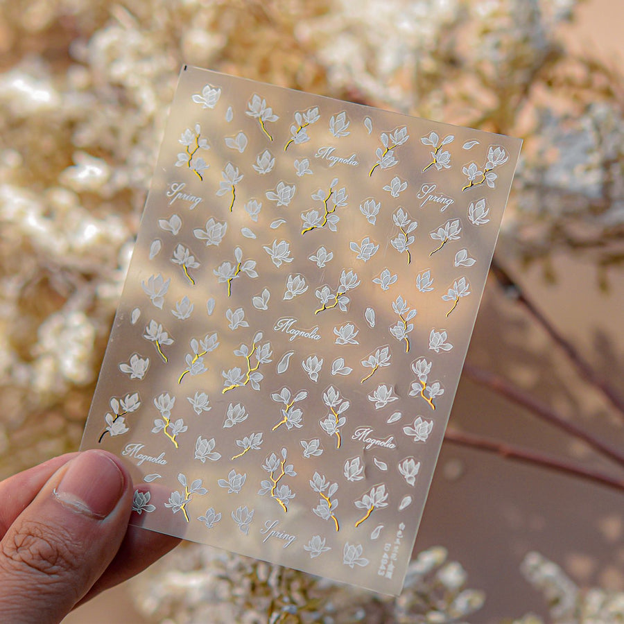 White Magnolia Gold Collection: "Elegant Magnolia" – 3D Embossed Nail Sticker