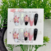 365nails: "핑크 릴리 누아르" – 엑스트라 롱 스틸레토형 릴리 플라워 수제 프레스온 네일