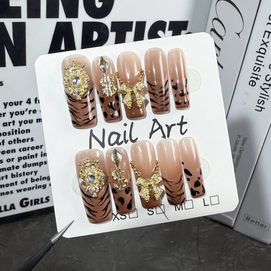 Square manicure ice through gradual change leopard print hand-painted press-on nails pure hand-made detachable fake nails｜365nails