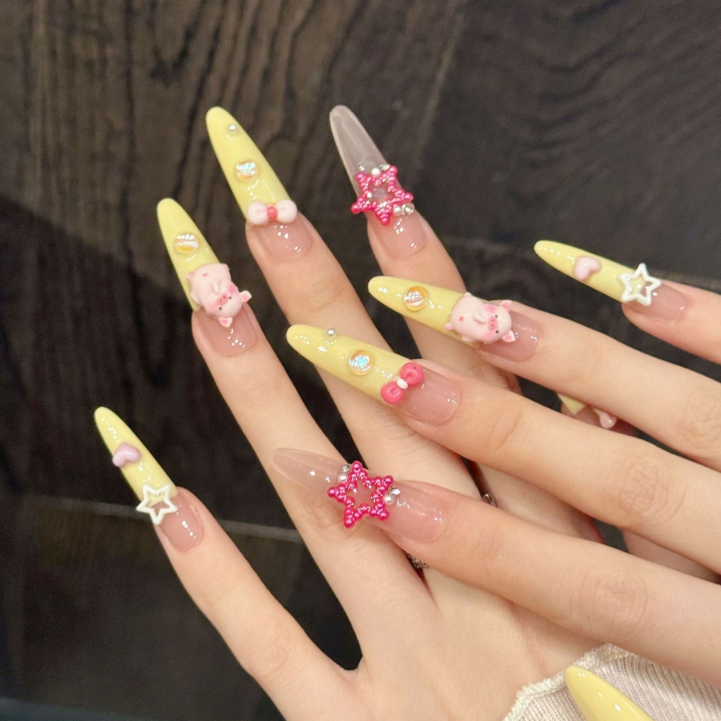 Cute Pig Charm Nails with Soft Pastel Tones