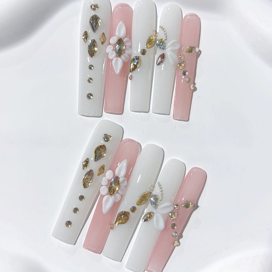 Pearl Blossom Crystal Elegant Extra Long Press On Nails