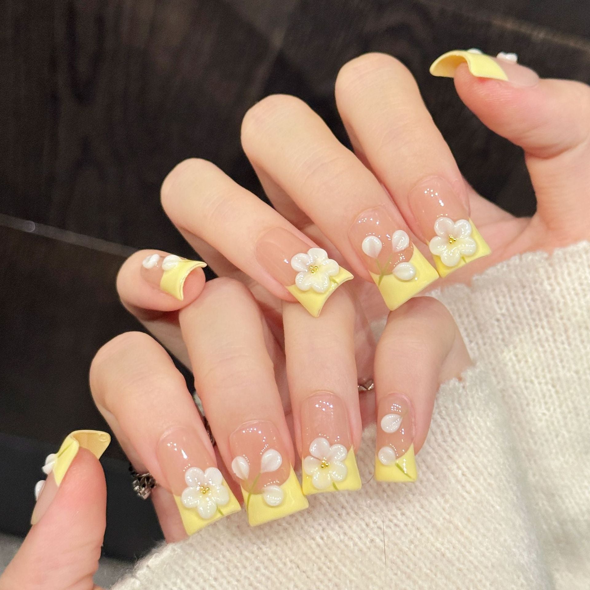 Peach Yellow Floral Press On Nails