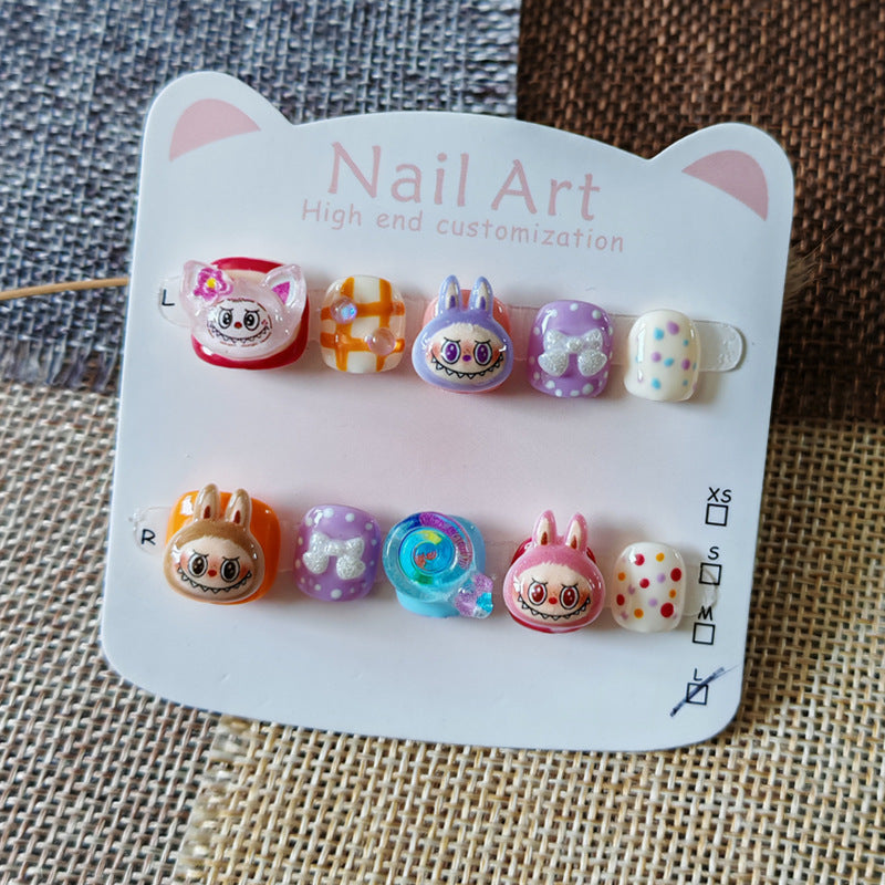 365nails: "caramel labubu buddies" – short round handmade kids press-on nails