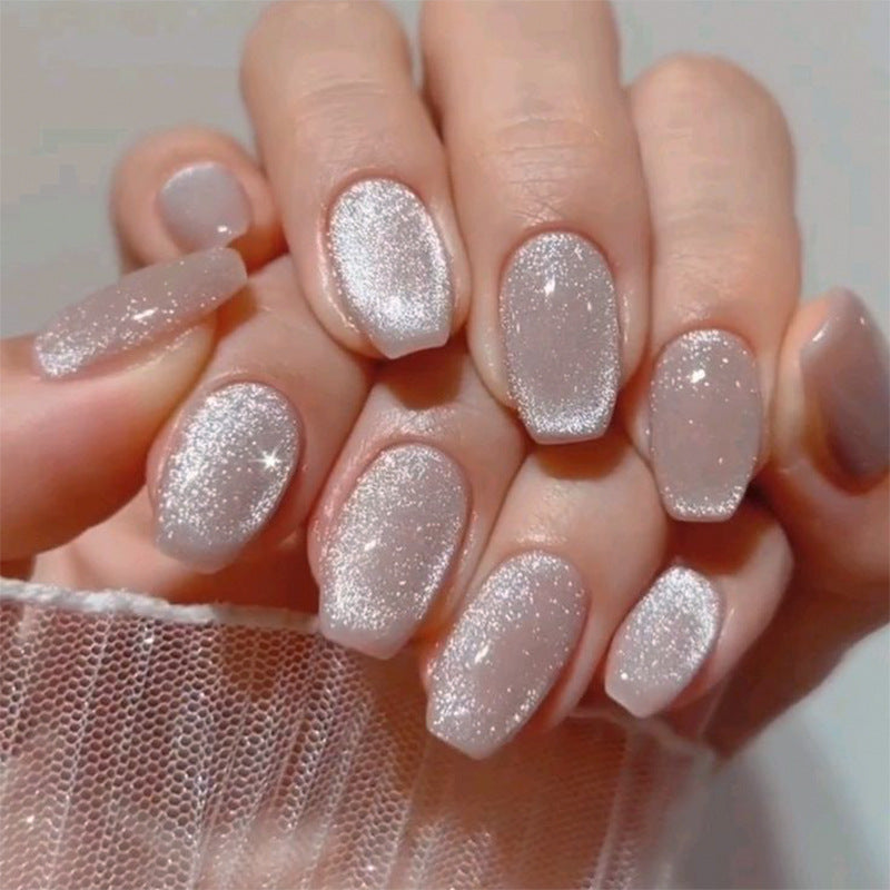 Naked powder flash cat eye wearing nail short square manicure fake nails cross-border hot-selling wearable nail fake nails
