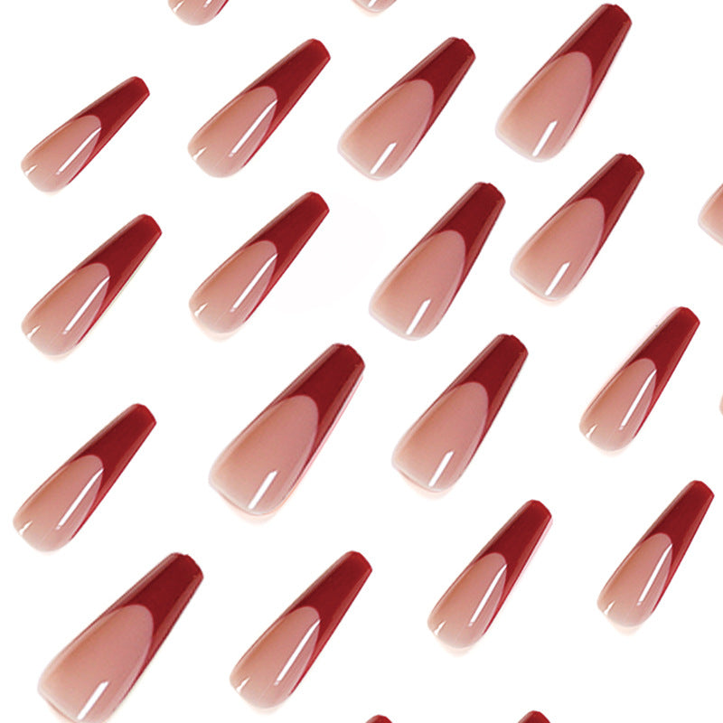 Armadura larga, sencilla, con borde rojo, francesa, con parche de uña blanca, uña terminada｜365nails