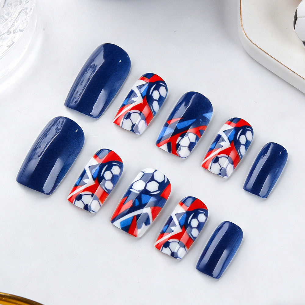 World Cup Dynamic Deep Blue Contrast Football Art Press-On Nails (Glossy/24pcs/Square Oval)