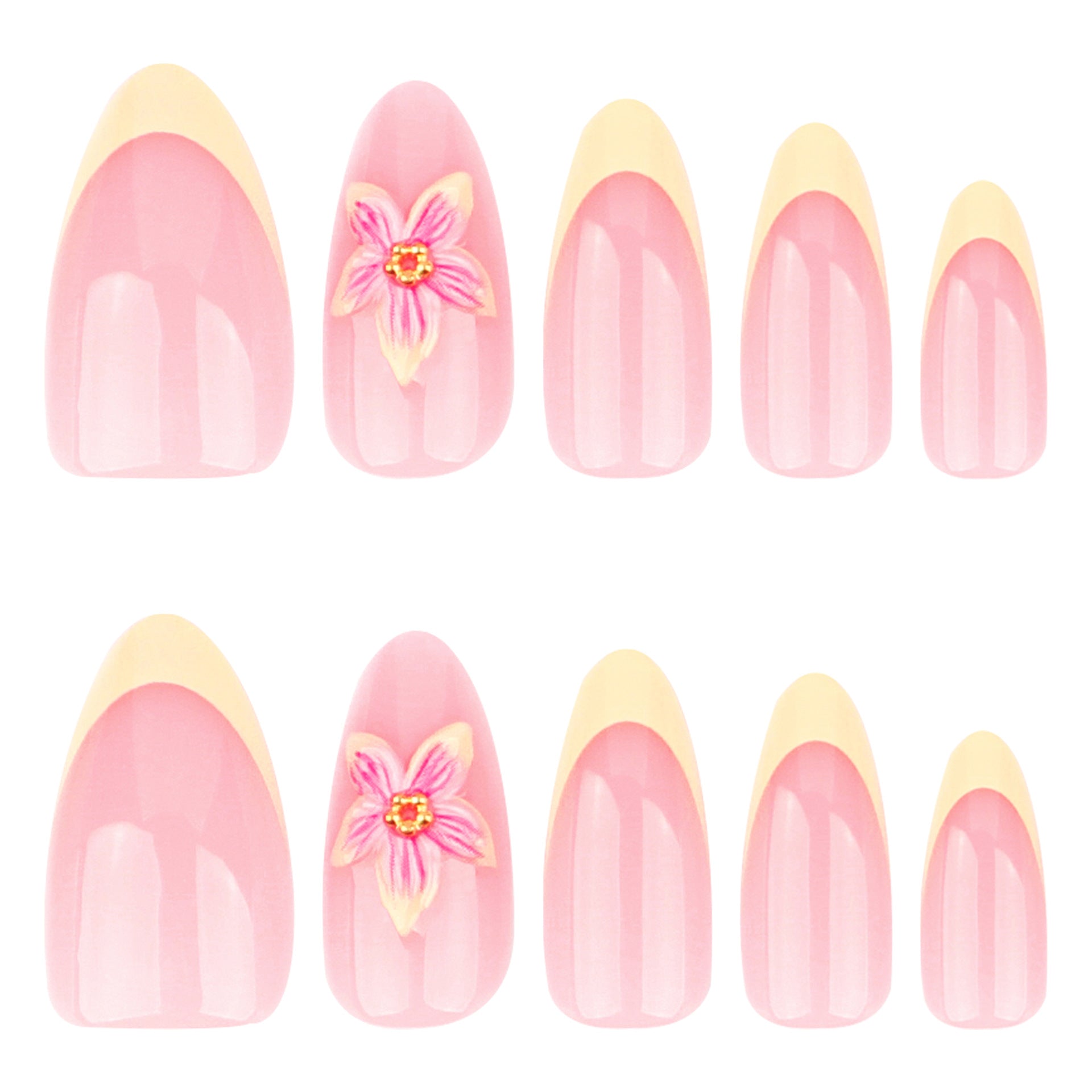 3D Stereoscopic Flower French Yellow Short Almond press-on nails