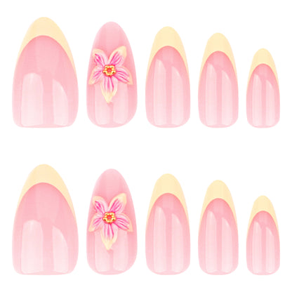 3D Stereoscopic Flower French Yellow Short Almond press-on nails