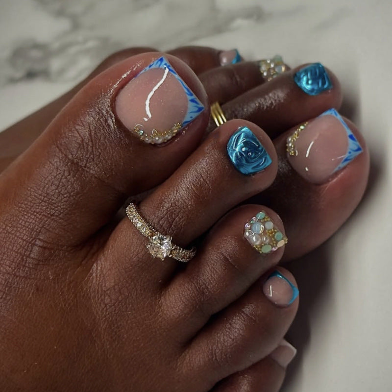 Luxury Nude & Gold Rhinestone Press On Toenails | Elegant Bling Pedicure