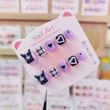 Kulomie Purple Cute Kids Press On Nails with Heart Grid