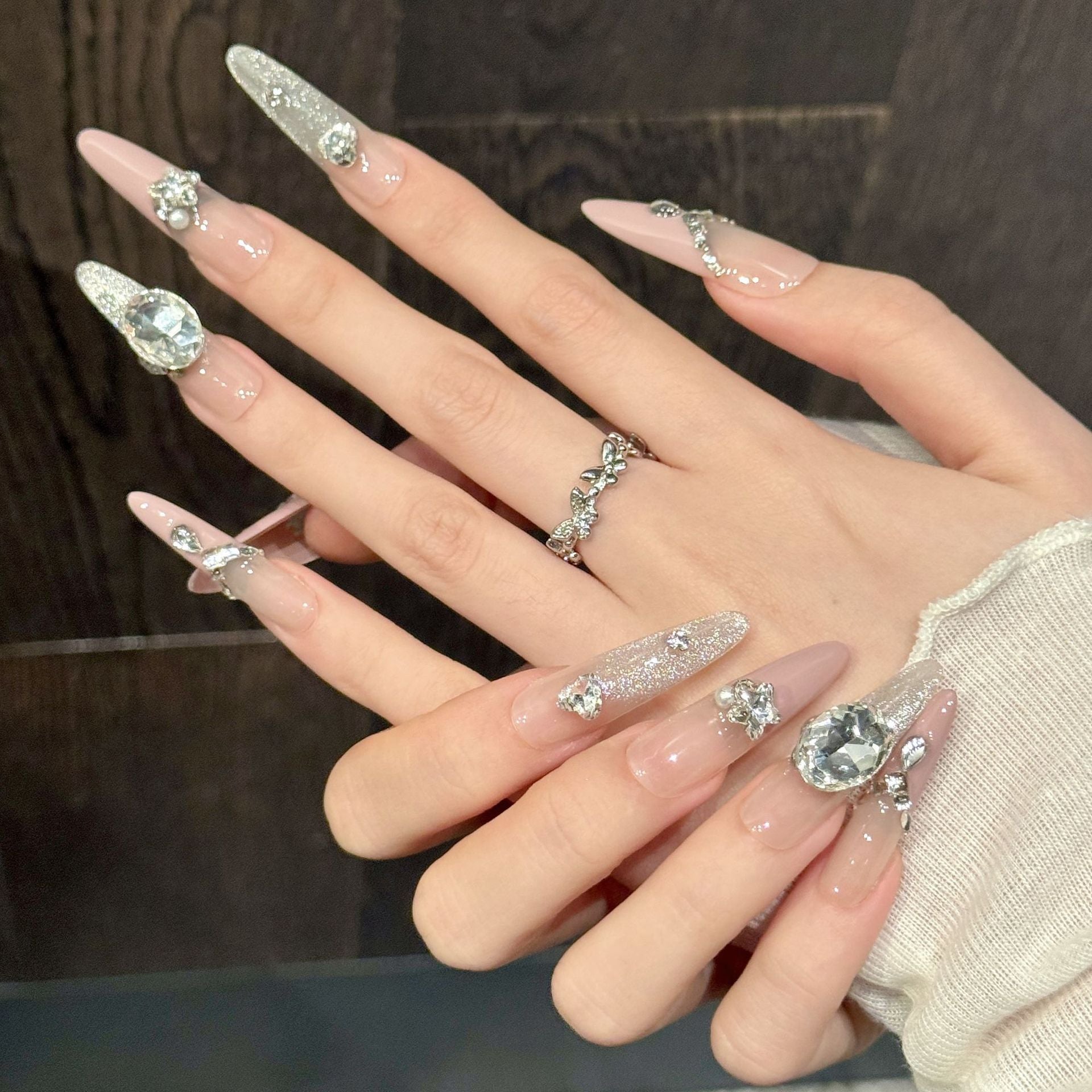 365nails: "Luxe Drop" – Crystal & Rhinestone Chain Handmade Long Almond Nails