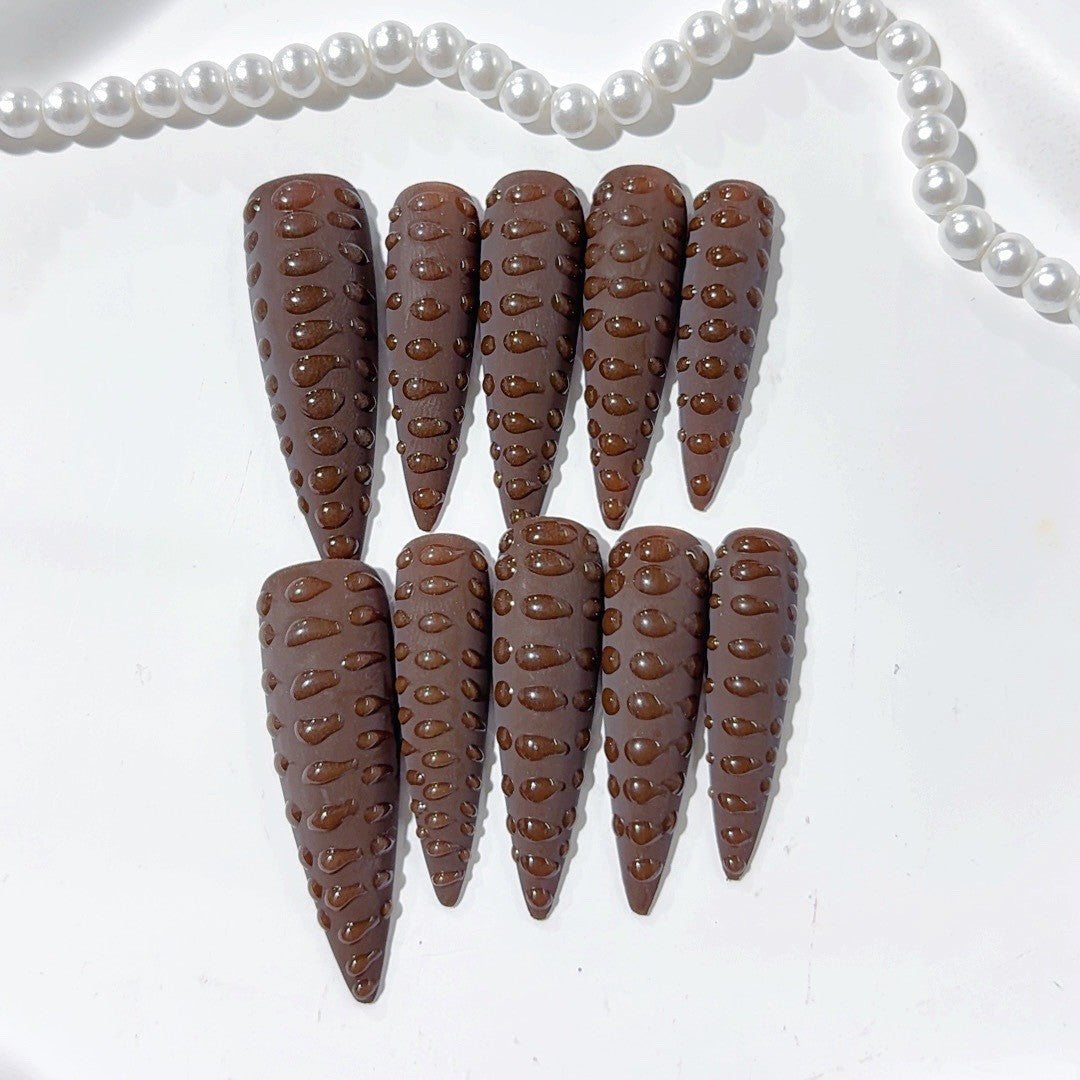 365nails-巧克力淋漿：「可可紋理」– 尖形 手工製 3D 雕刻 穿戴甲