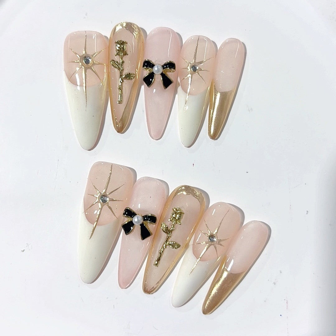 365nails-Golden Elegance: "Rose Bow Star" – Almond Shape Handmade Painted Press-On Nails