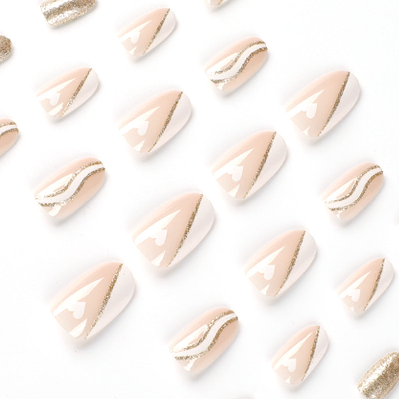 Press on nails short French white edge wavy gold powder nail piece small love nail piece wholesale Press on nails piece｜365nails