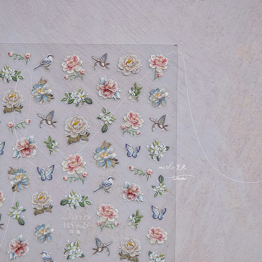 復古玫瑰與蝴蝶浮雕：「霧境花園」— 5D 浮雕甲貼