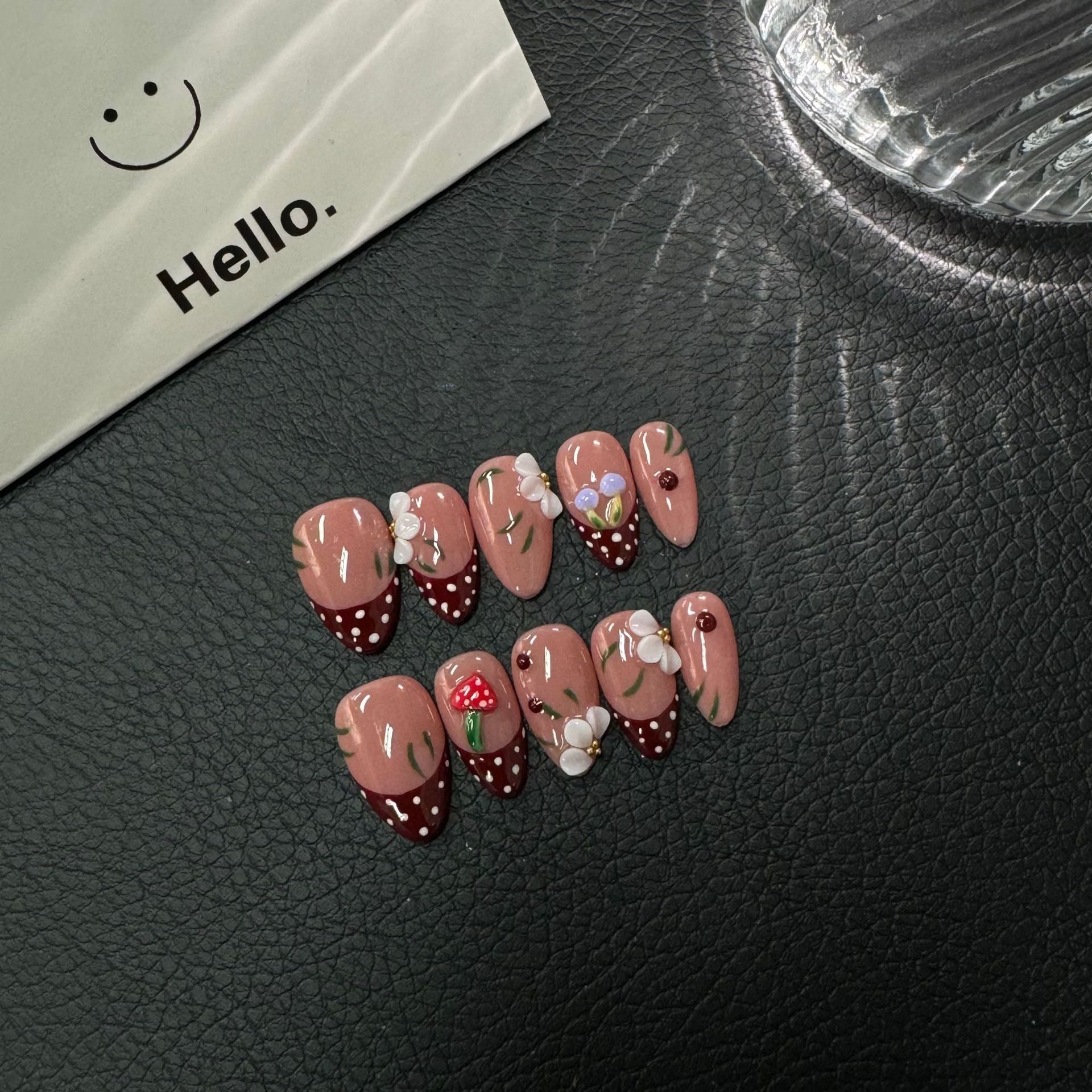365nails: "Berry Sweet" – 3D Strawberry & Floral Handmade Press on Nails Almond Nails