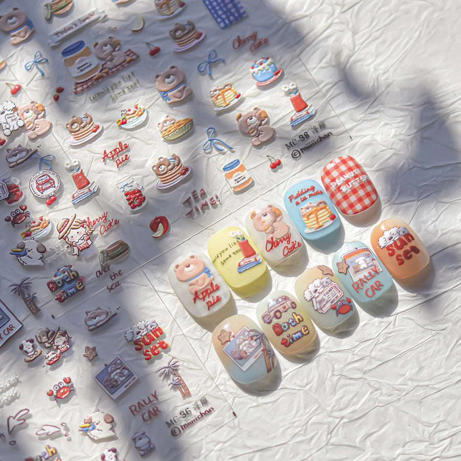 Miiiiichan Teddy Bear & Dessert: "Cozy Teddy Bear Café" – 5D Embossed Nail Sticker