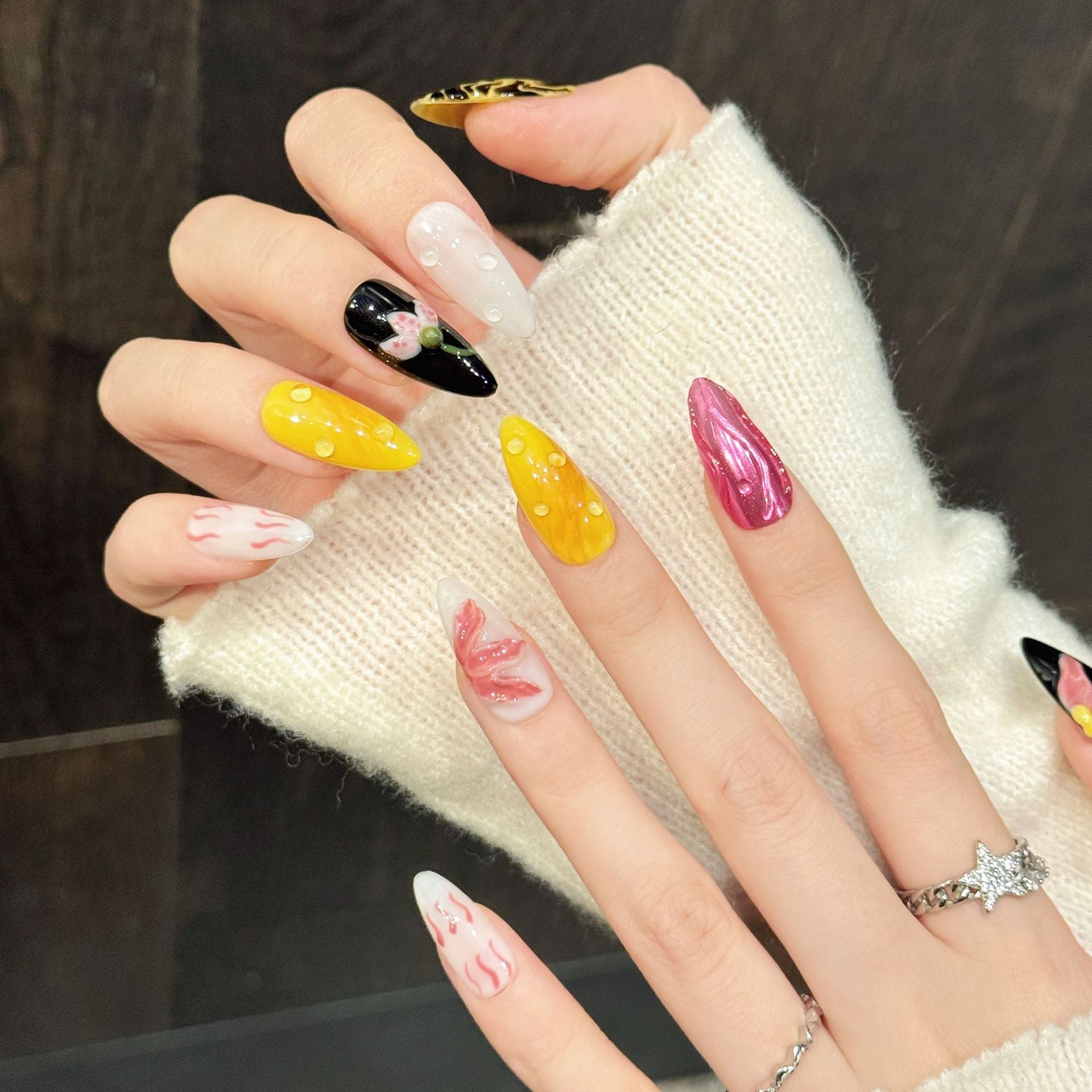 365nails: "Tropical Bloom" – 3D Floral & Leopard Print Handmade Almond Nails