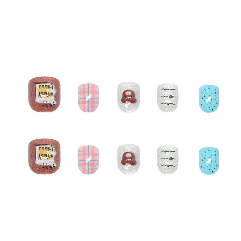 Brown three-dimensional bear fine flash cat eye blue pink kids nails｜365nails