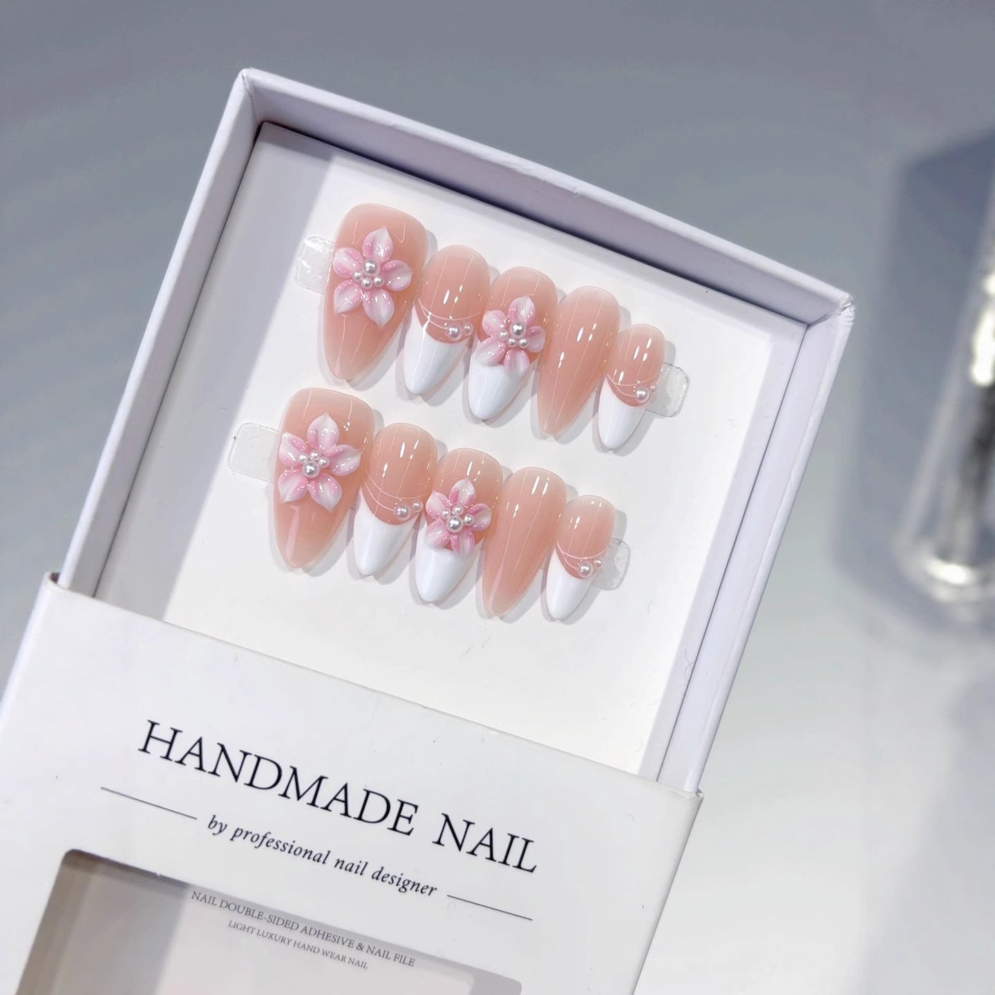 Sakura Pearl French: "Pink Floral" – Almond Press-On Nails