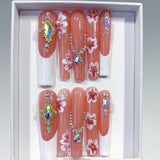 Coral White Floral Crystal Elegant Press On Nails