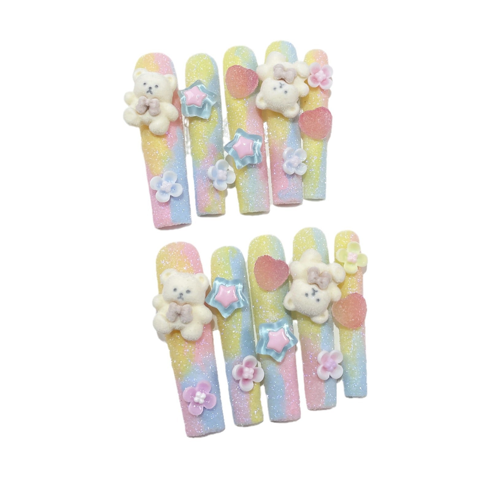 Unhas longas de cachimbo de água, urso fofo de macaron flocado, adesivo de atacado para unhas de pressão feitas à mão ｜ 365nails