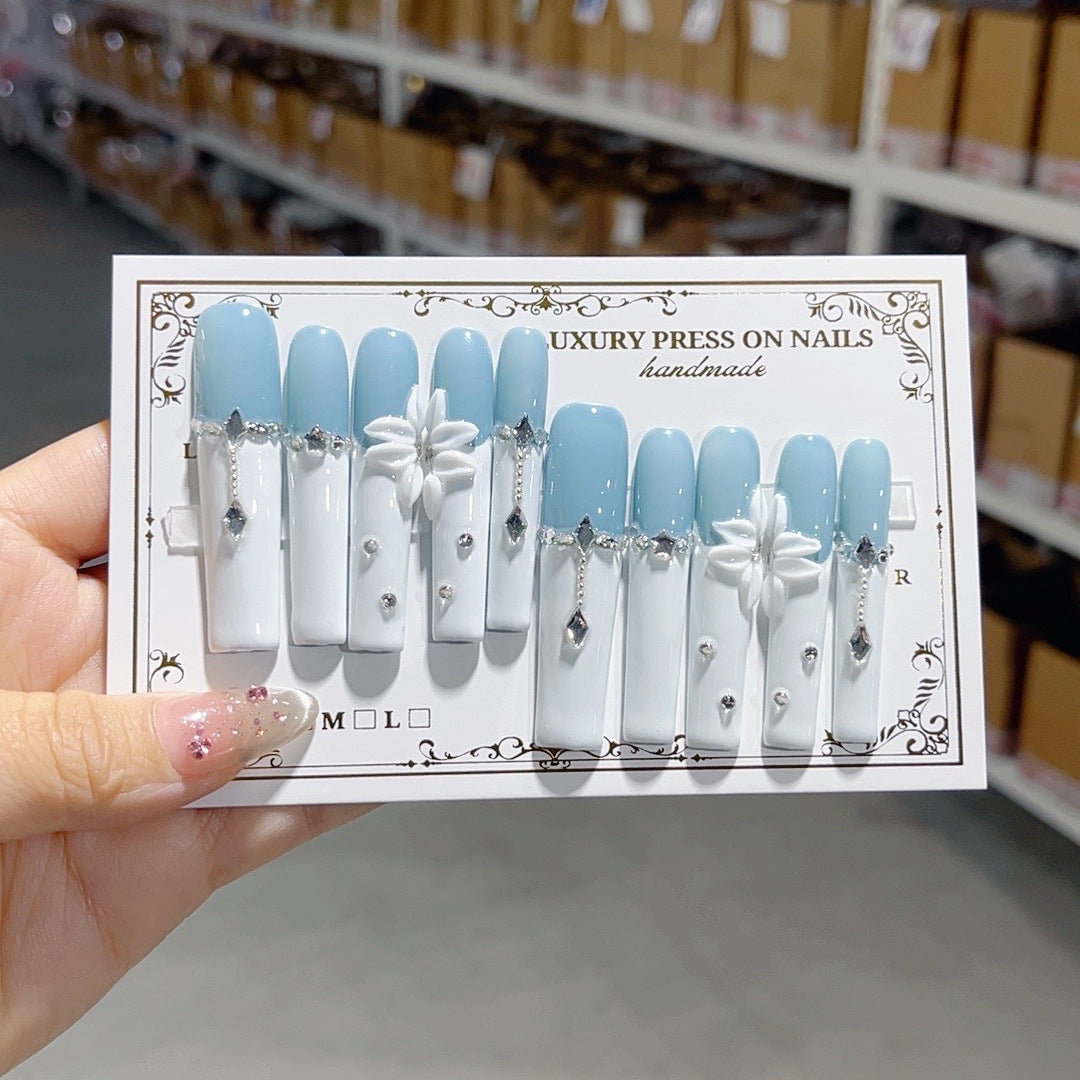 Blue White Pearl Floral Long Press On Nails