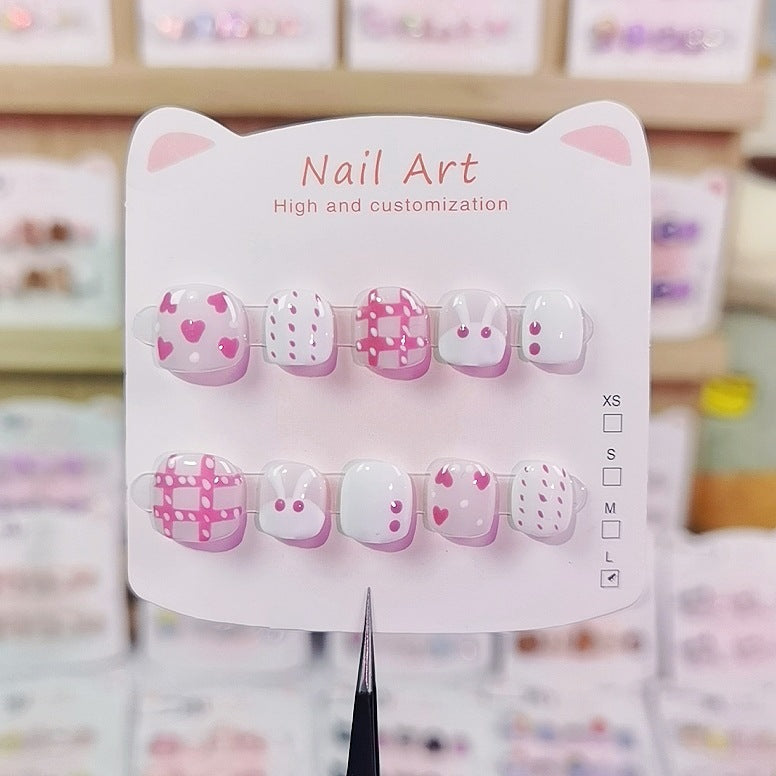 Pink Heart Polka Cute Kids Press On Nails Set