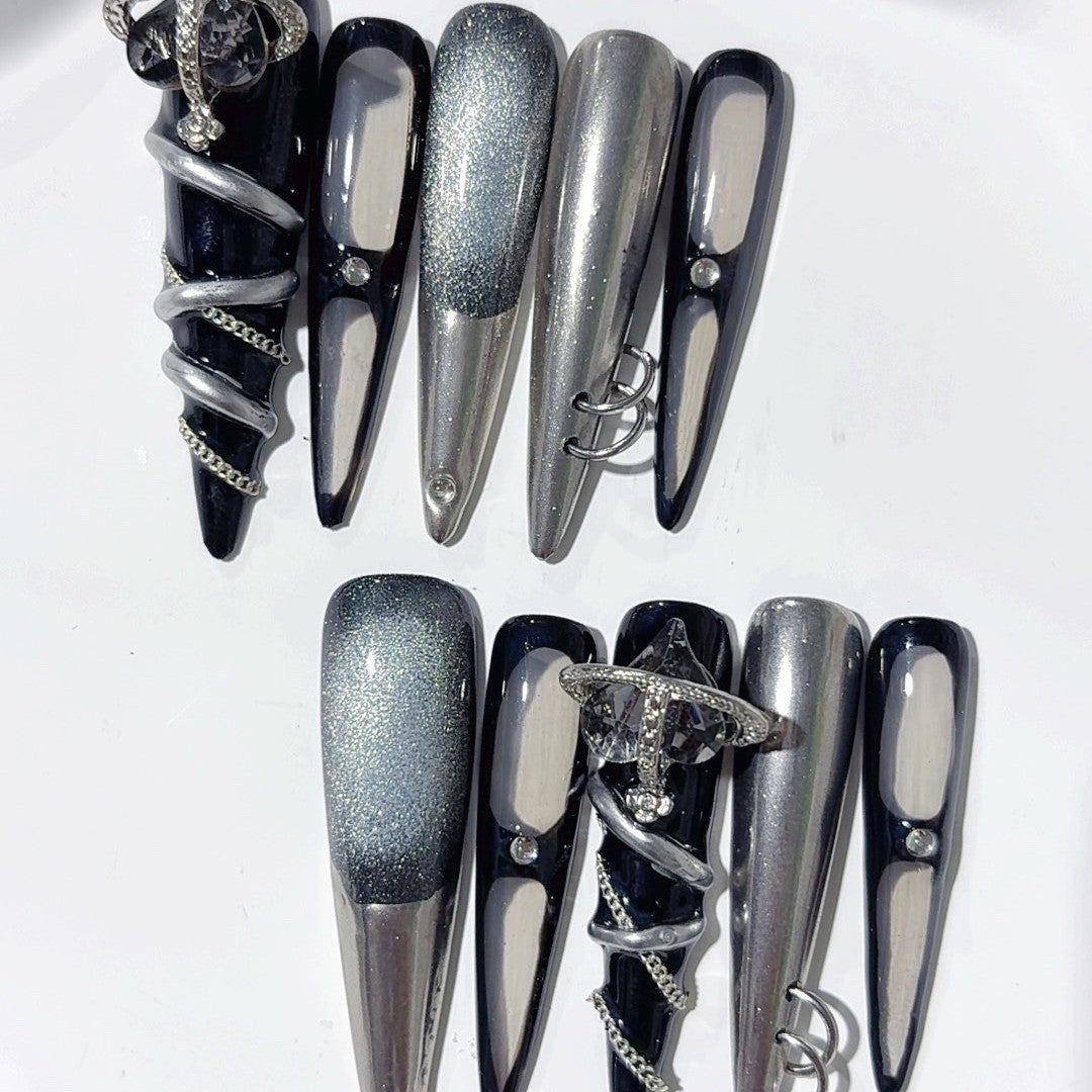 Black Silver Mechanical Chrome Gothic Statement Press On Nails