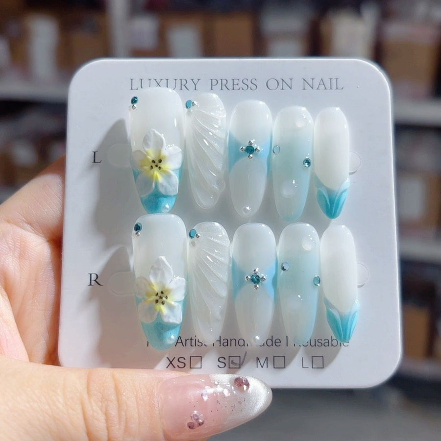 365nails-Icy Bloom: "Frosty Flower" – Almond Shape Handmade 3D Carved Press-On Nails
