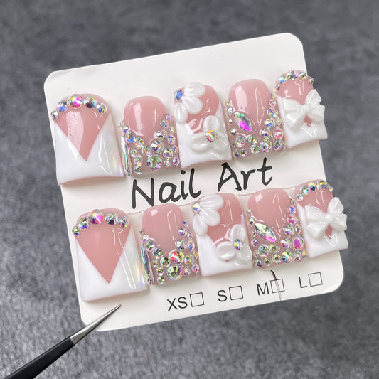 Unhas de bico de pato transparentes, francesas, com remendo de diamante completo, tridimensional, para unhas postiças, feitas à mão pura｜365nails