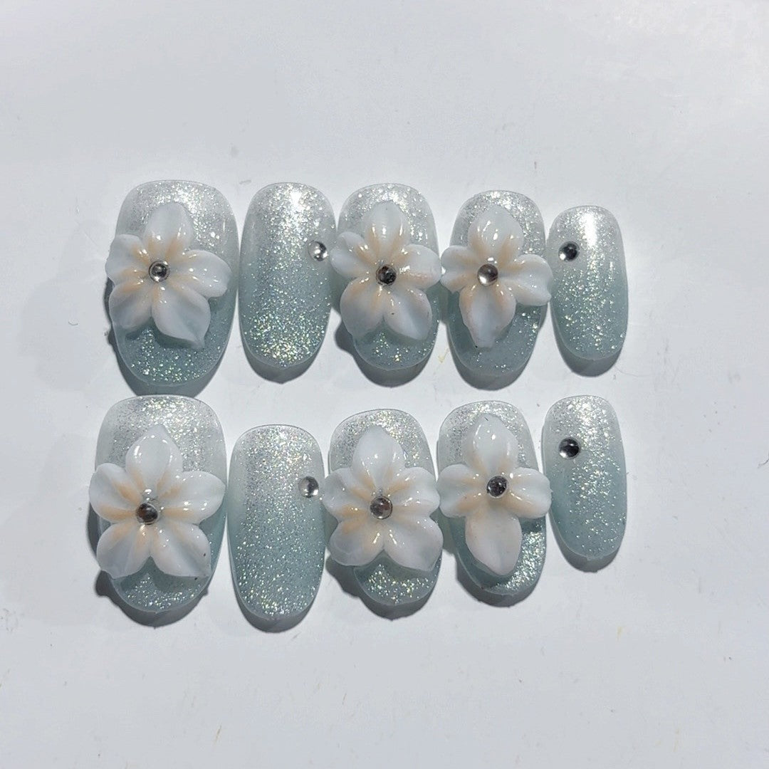 365nails-Seaside Serenity: "Mother-of-Pearl Bloom" – Short Square Handmade 3D Carved Press-On Nails