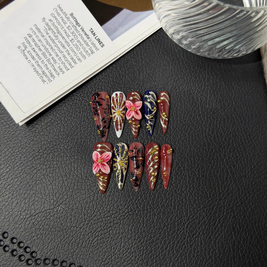 365nails: "Midnight Garden" – 3D Floral & Gold Leaf Handmade Stiletto Nails