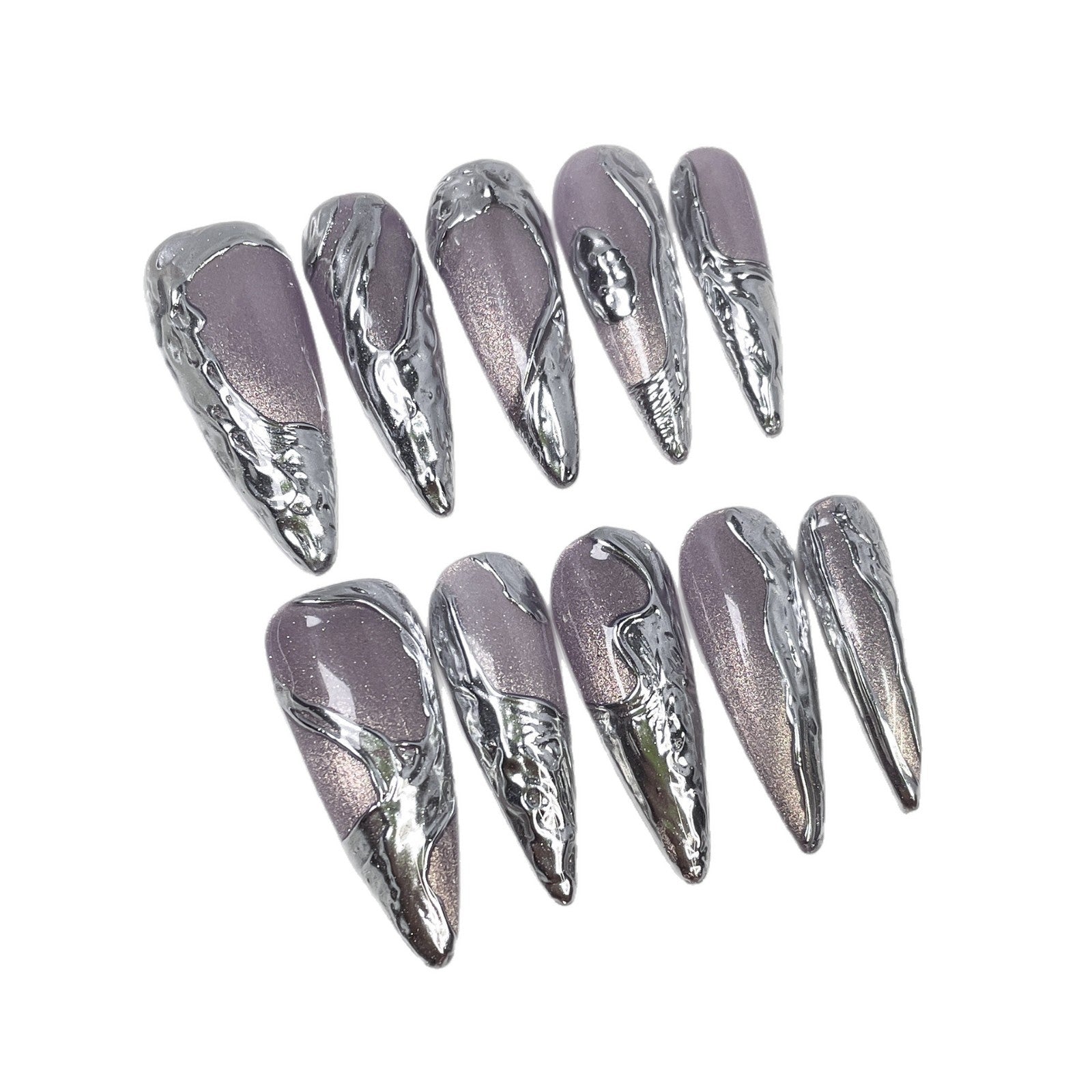Sleek Liquid Silver Chrome Metallic Mauve Long Press-On Nails